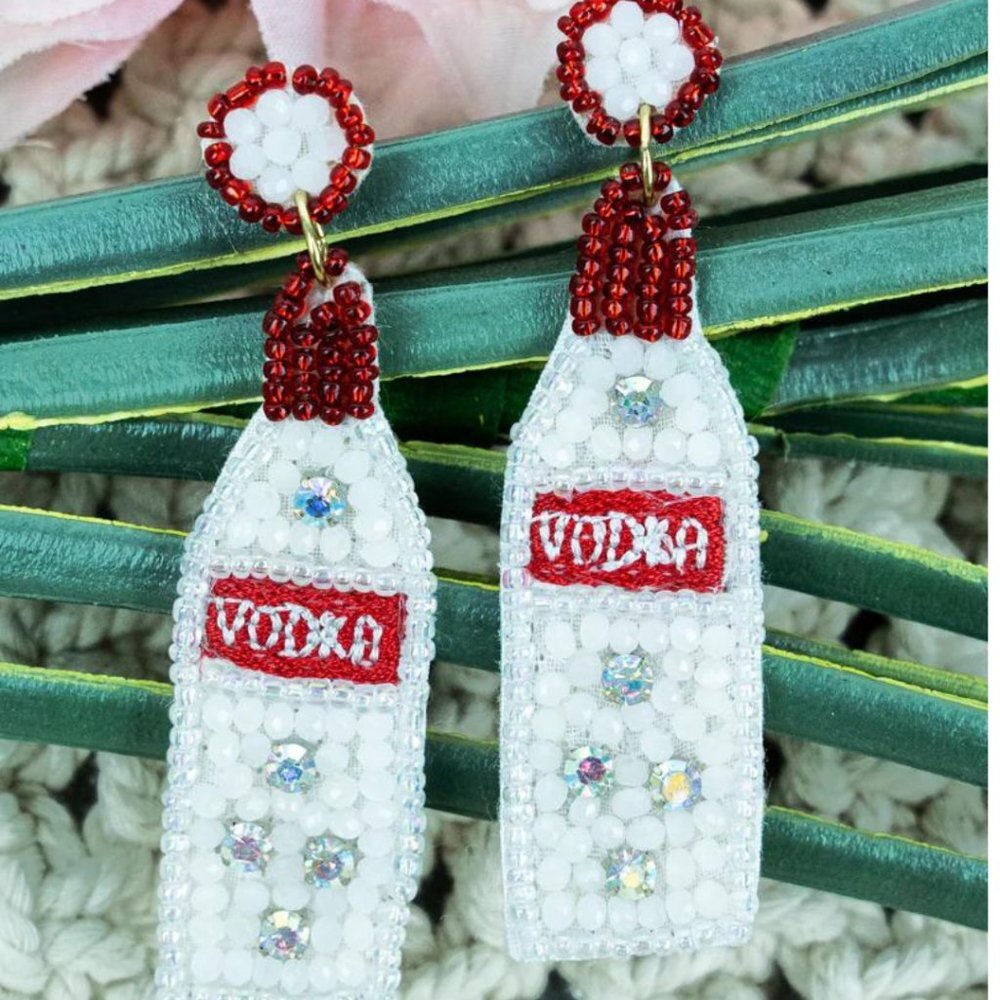 VIOLA Seed Bead Vodka Bottle Pierced Statement Earrings NWT
